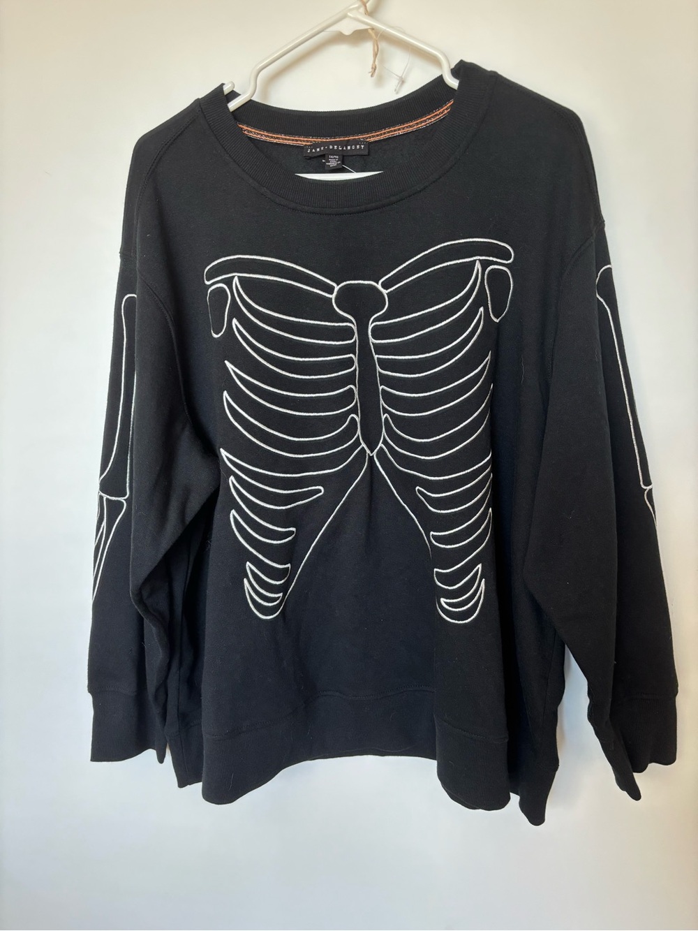 Jane and Delancey Black Crewneck Sweater with White Skeleton Graphic NWOT